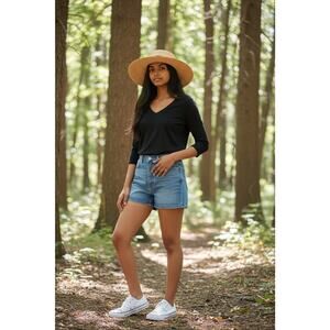 NWT THREE DOTS Women's Black V-neck 3/4 Sleeve Casual Top Sz M